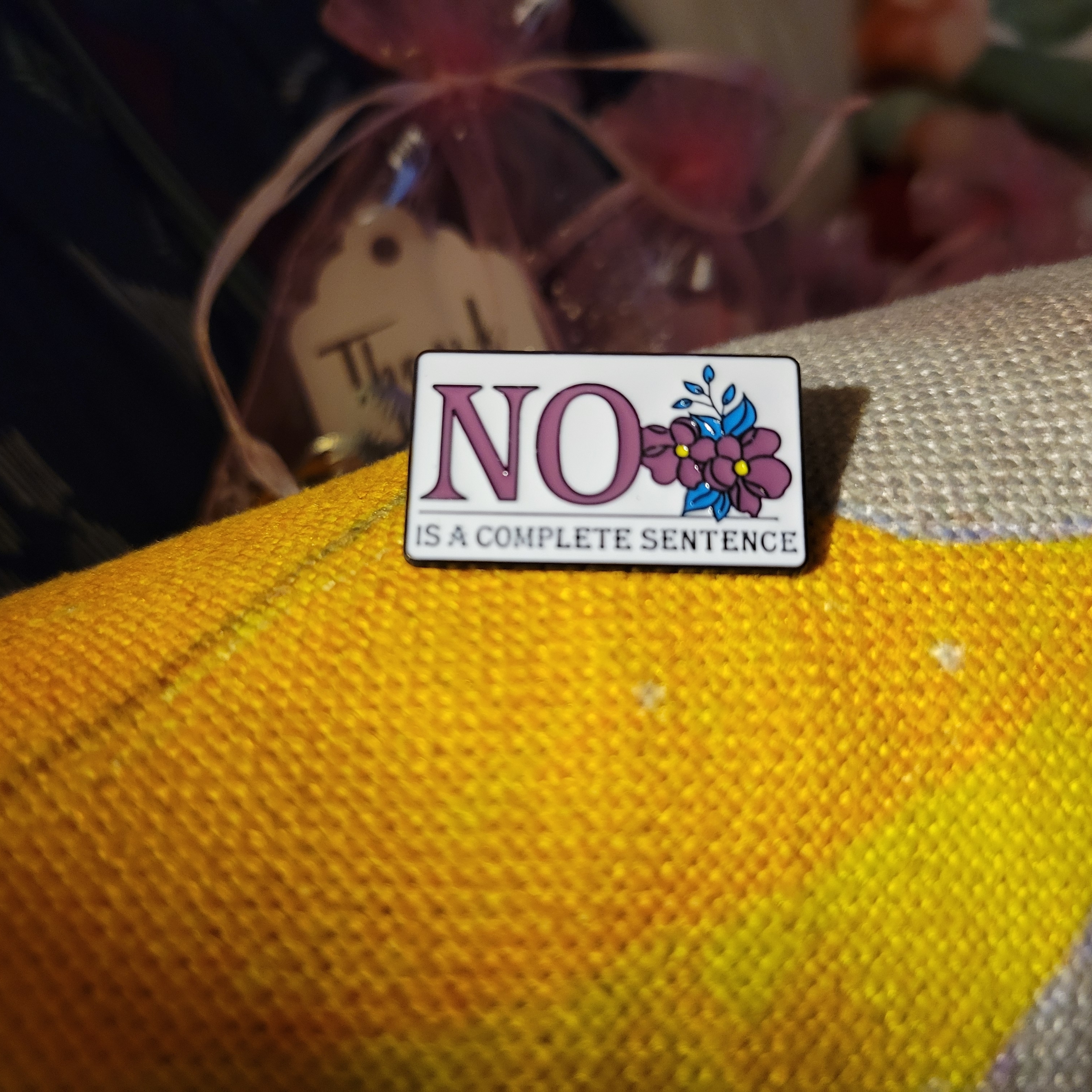 "No Is A Complete Sentence" Black Rectangular Enamel Pin W/ Purple Flowers